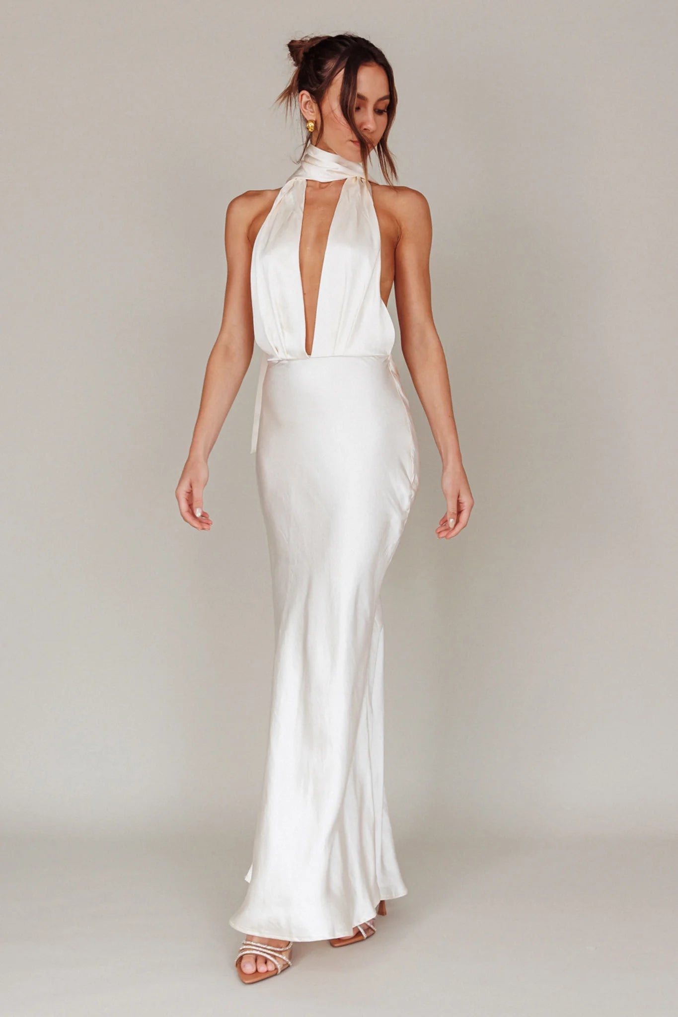 Italia Azure Halterneck Maxi Dress Oyster