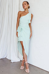 Sara Jean One-Shoulder Wrap Midi Dress Mint