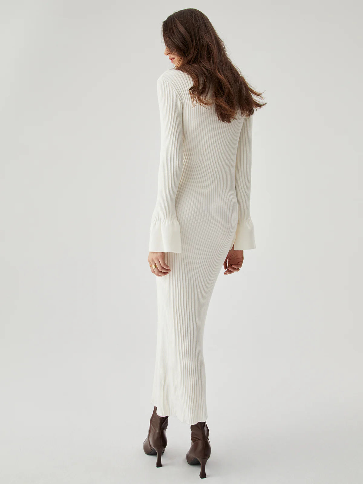 Ribbed Knit Long Sleeve V-neck Collar Long Dress