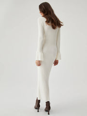 Ribbed Knit Long Sleeve V-neck Collar Long Dress
