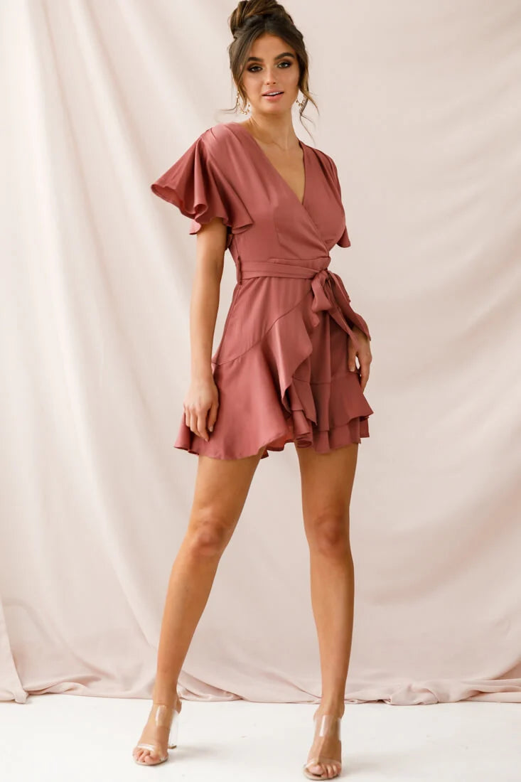 Cami Angel Sleeve Faux Wrap Dress Rose