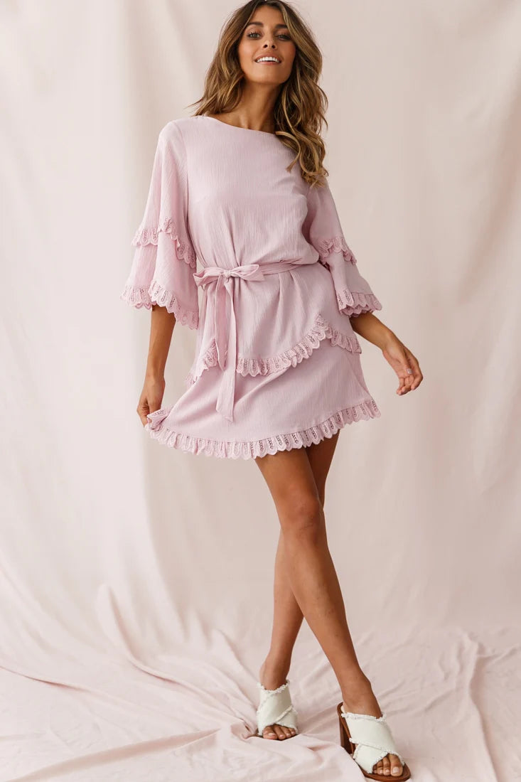 Talitha Waist Tie Lace Trim Dress Blush