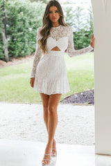 Hearts Aflutter Long Sleeve Open Back Lace Mini Dress White