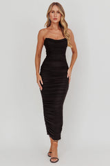 Midwest Strapless Gathered Mesh Maxi Dress Black