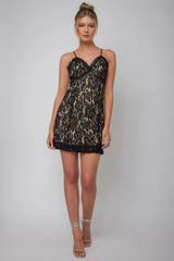 Daria Lace Overlay Mini Dress Black/Nude