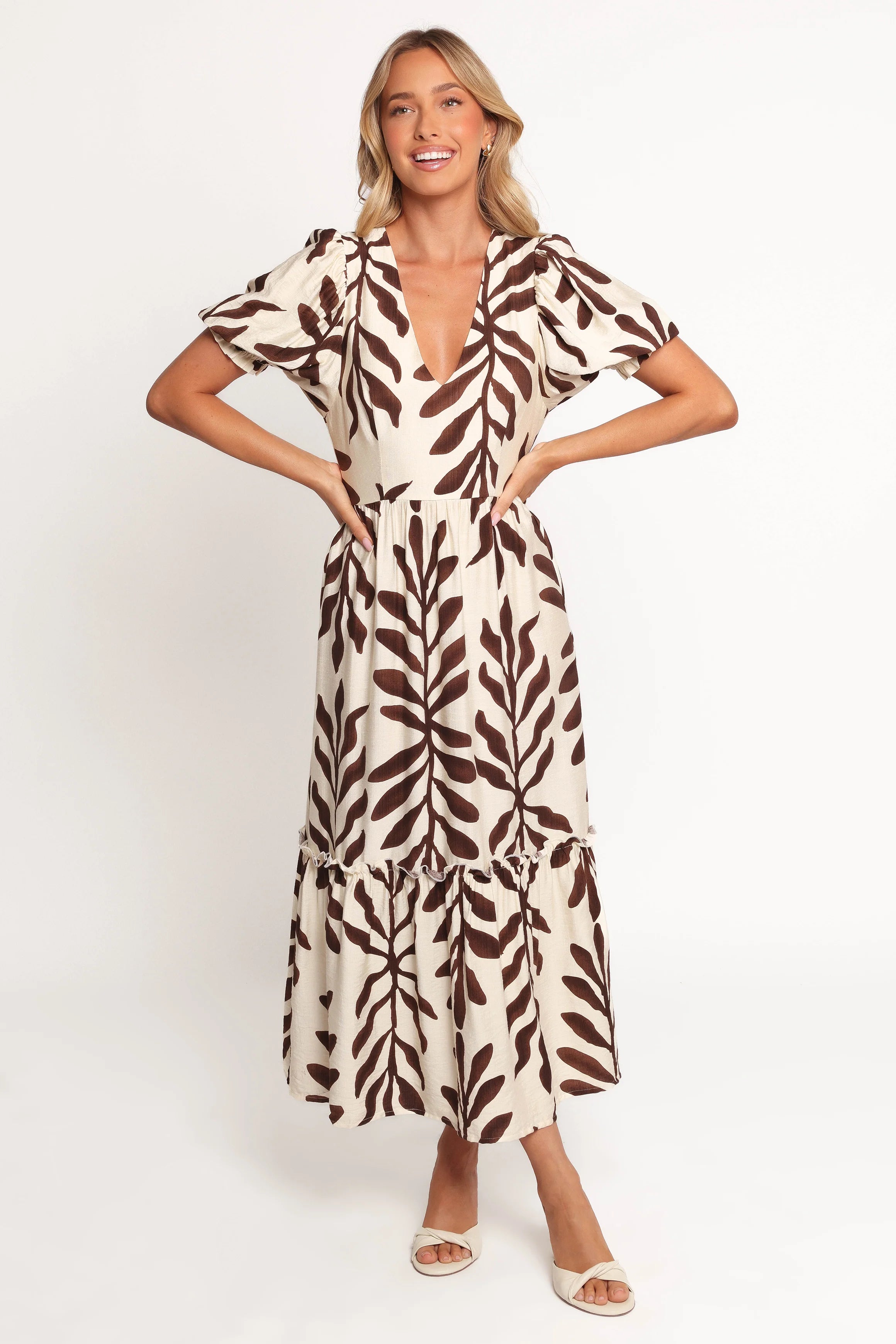 Steele Puff Sleeve Midi Dress - Brown Palm