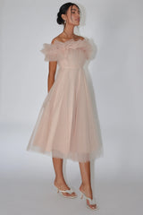 May Rose Off-Shoulder Tulle Midi Dress Taupe