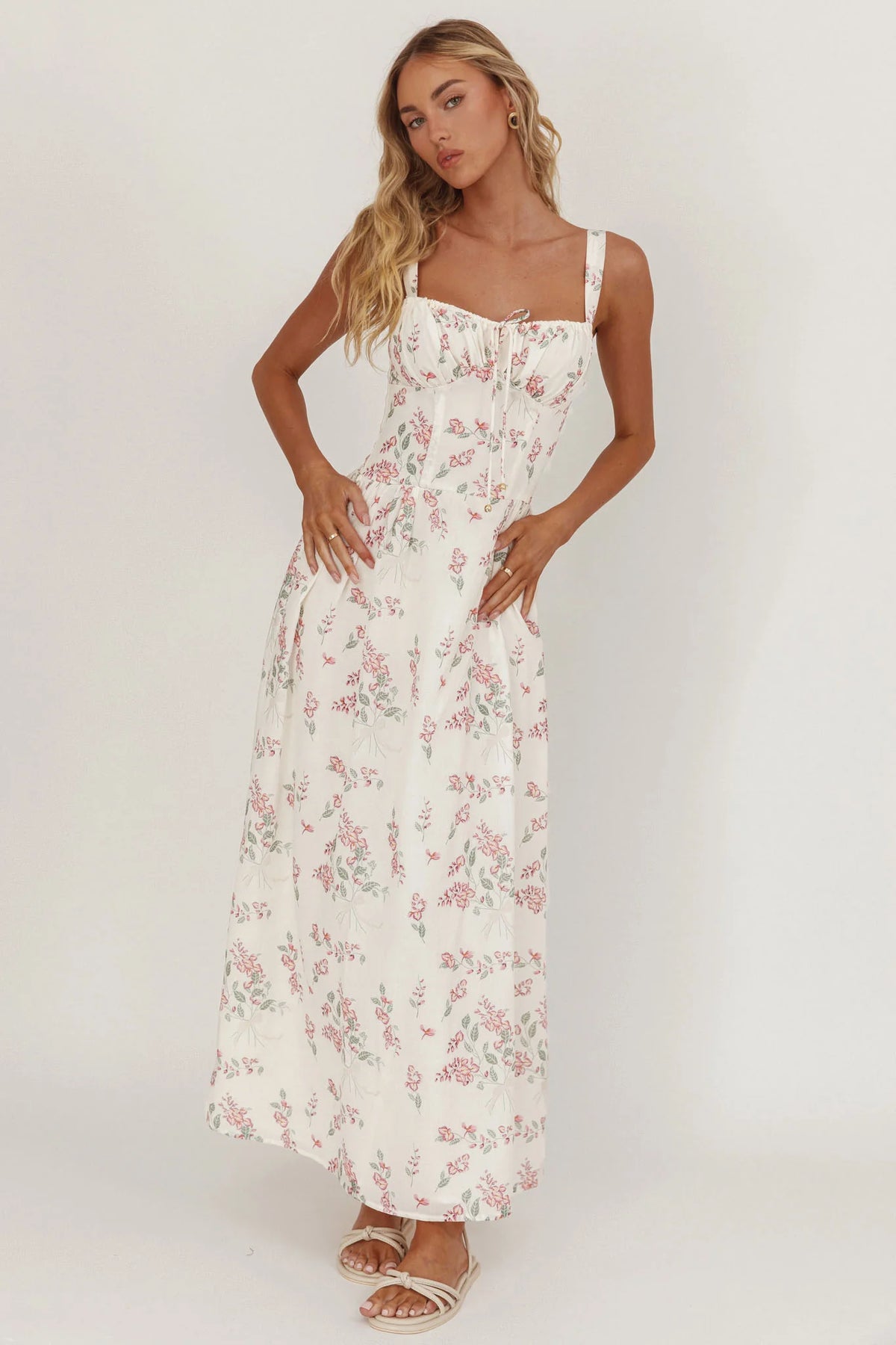 Seen The Light Tie Bust Maxi Dress Floral Cream/Pink