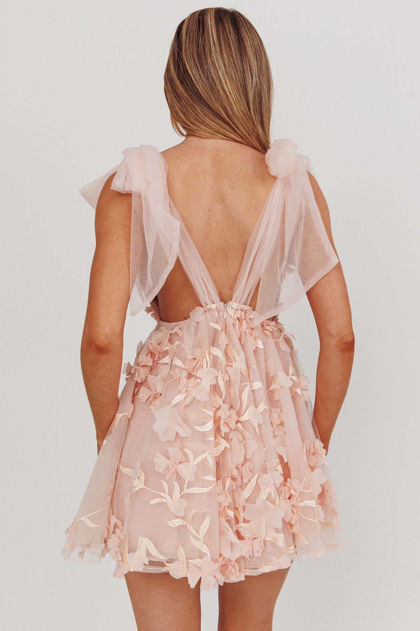 Chantilly Tied Shoulder Mini Dress Floral Embellished Pink