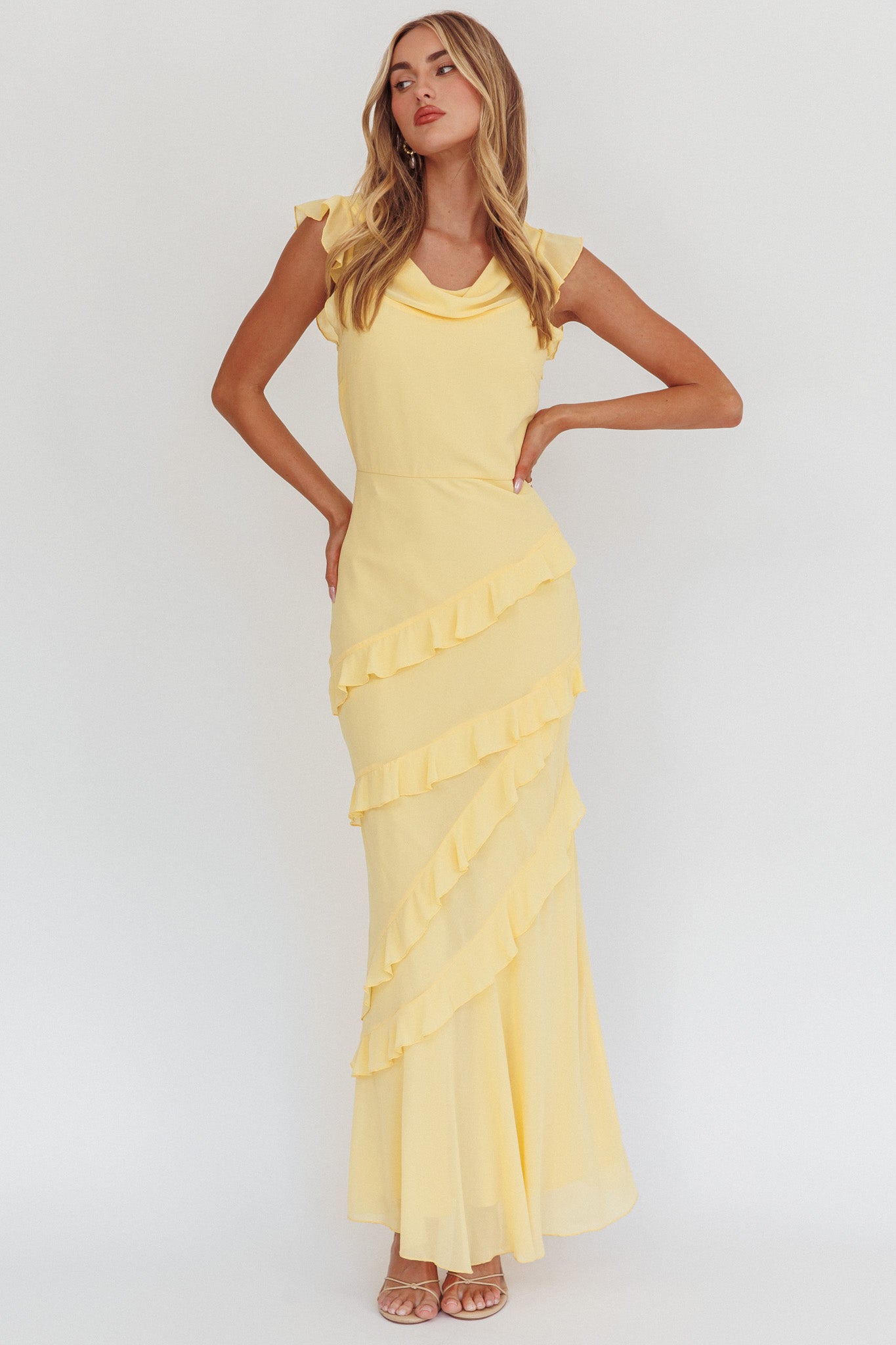 Sangria Cowl Neck Frill Maxi Dress Lemon