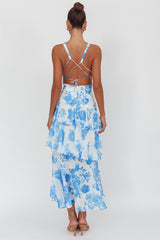 Veda Strappy Back Ruffle Maxi Dress Roses Blue