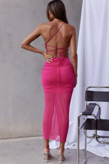 Discoteque Tie-Up Back Ruched Mesh Maxi Dress Hot Pink