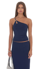 One Shoulder Embellished Two Piece Set in Navy