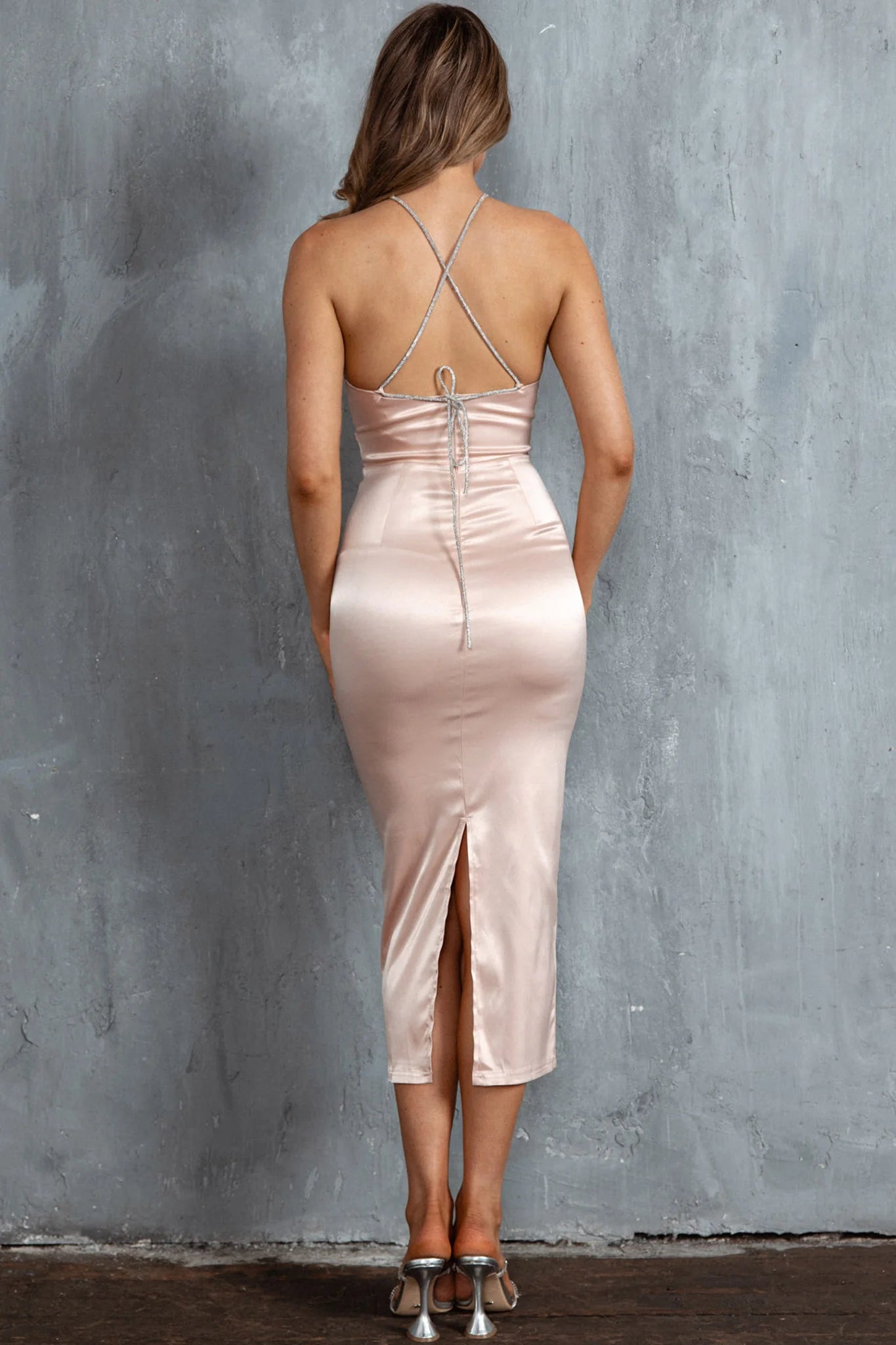 Slow Dance Diamante Strap Midi Dress Blush