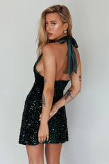Star Lights Halterneck Mini Dress Sequin Emerald