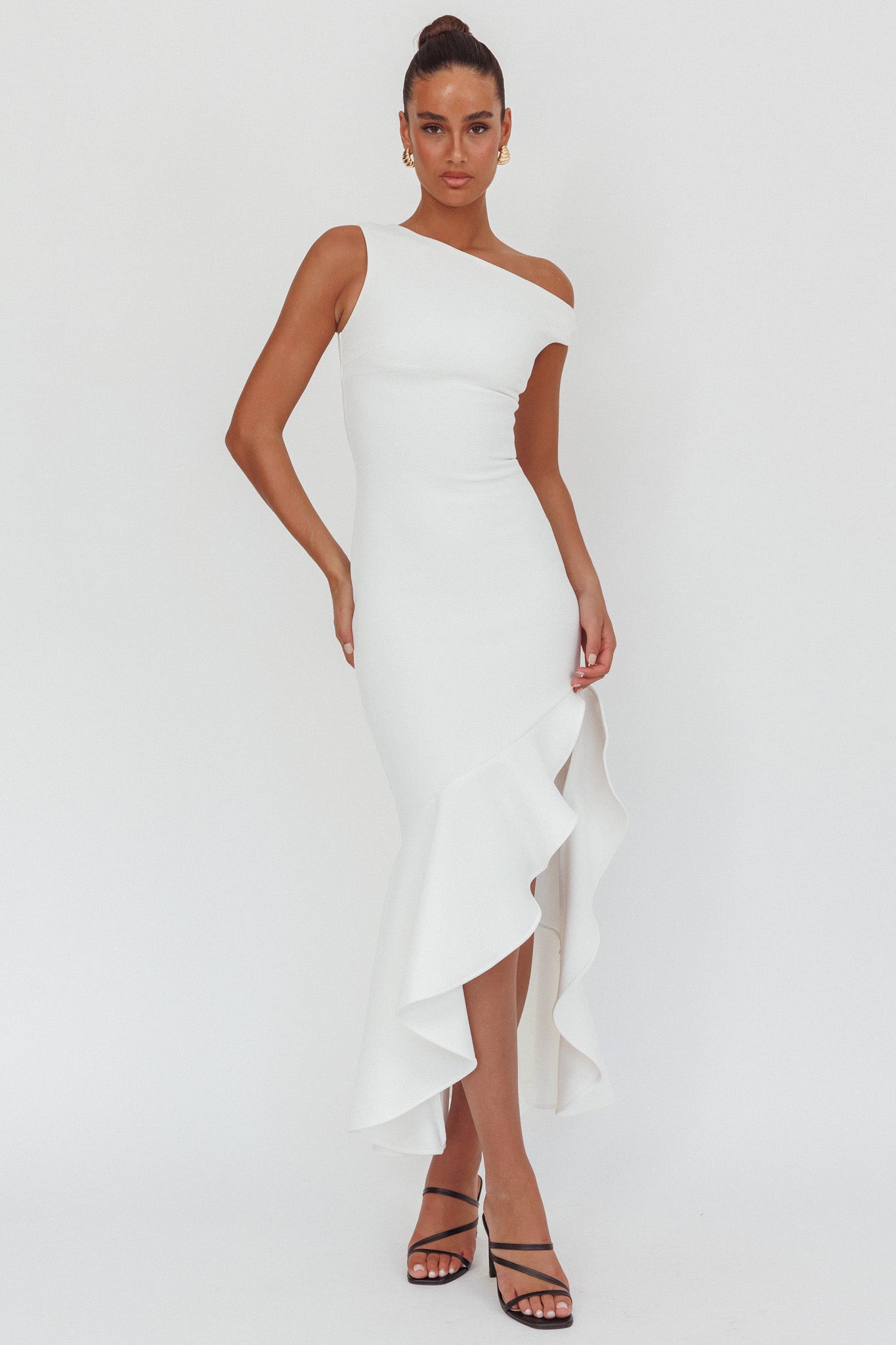 Lights On One-Shoulder Ruffle Hem Maxi Dress White
