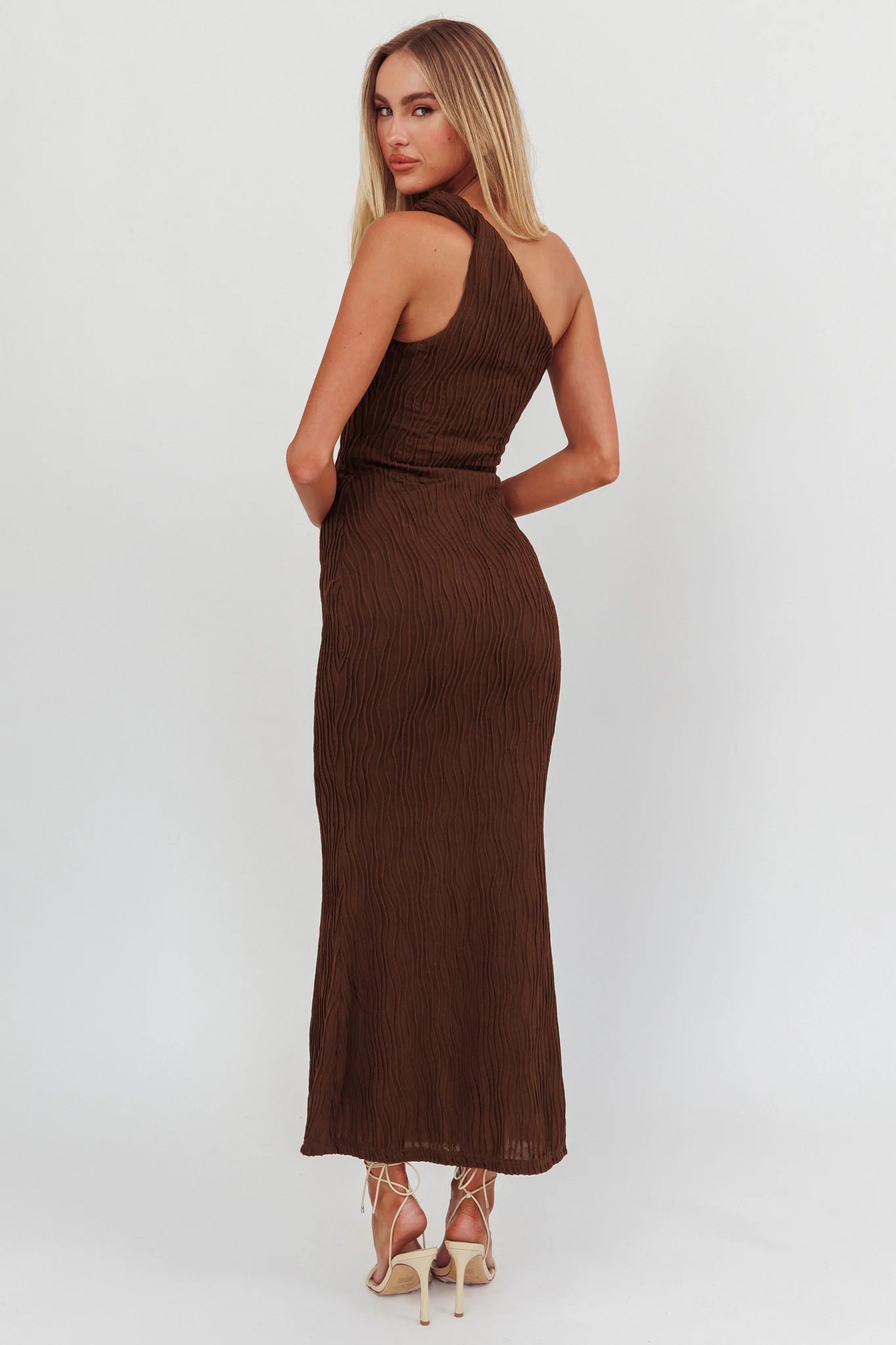Lingering Love One-Shoulder Twist Maxi Dress Chocolate