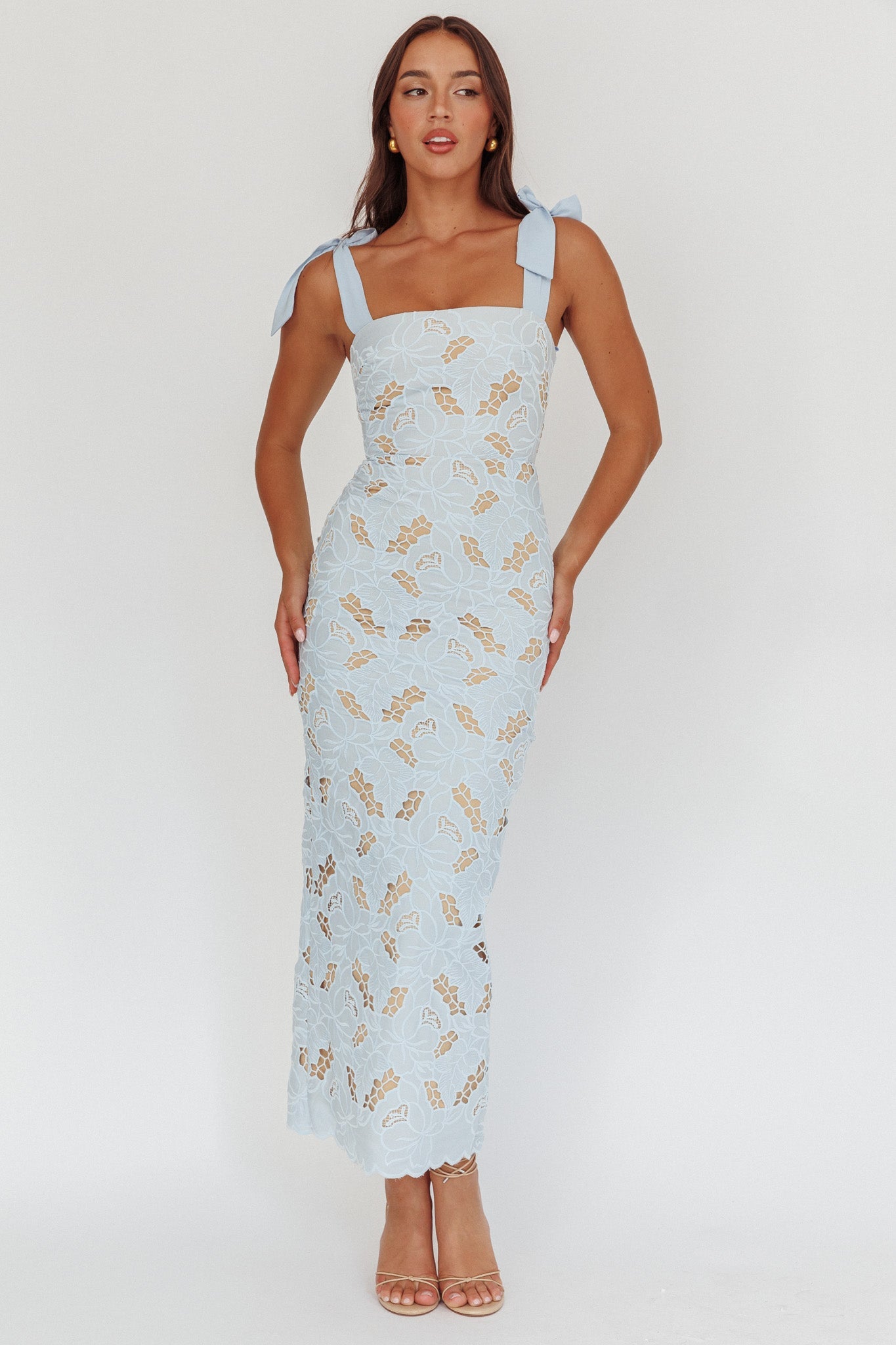 Coastal Bloom Tied Shoulder Maxi Dress Embroidered Baby Blue