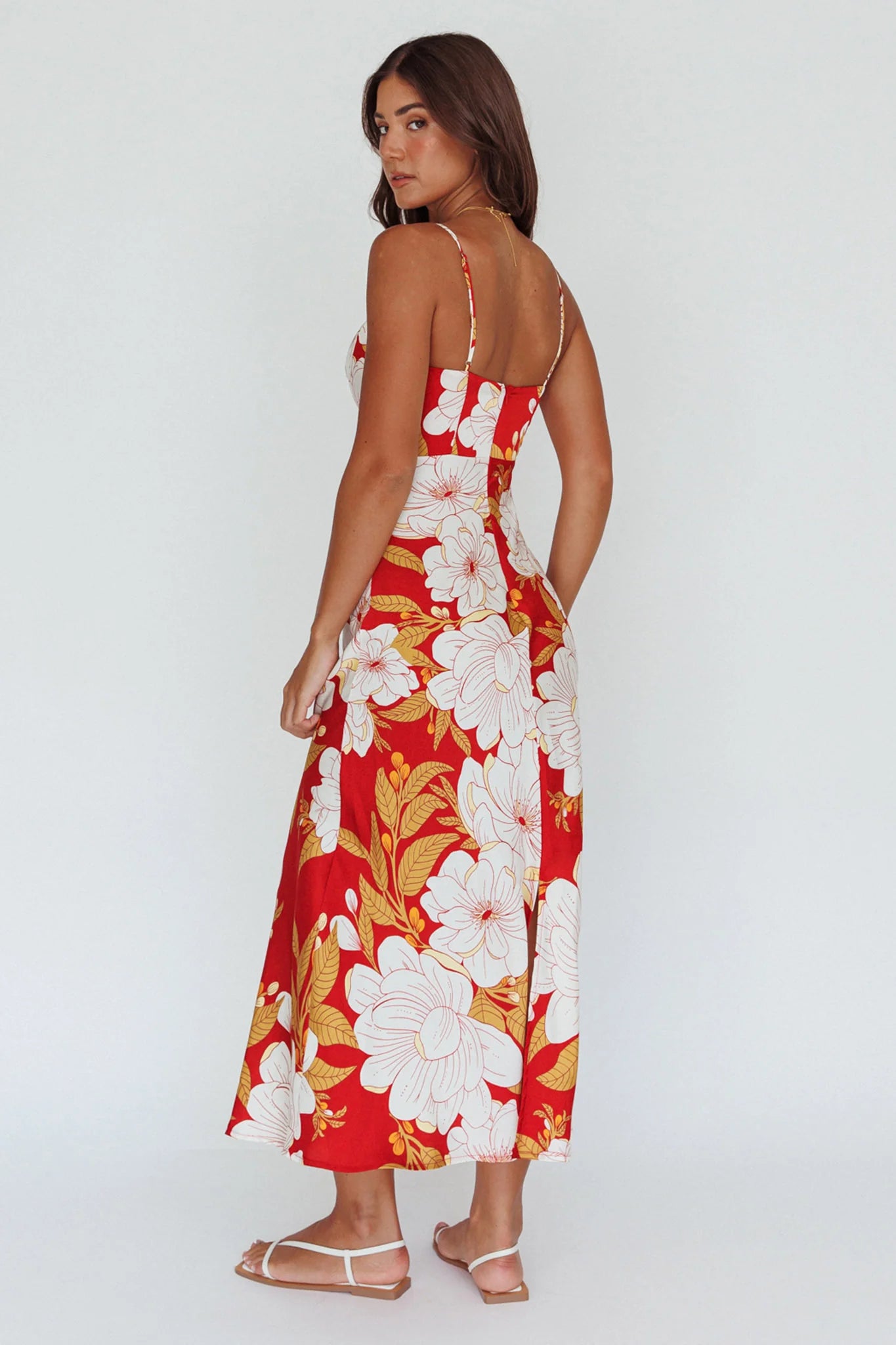 Infinity Pintuck Bust Midi Dress Flower Red