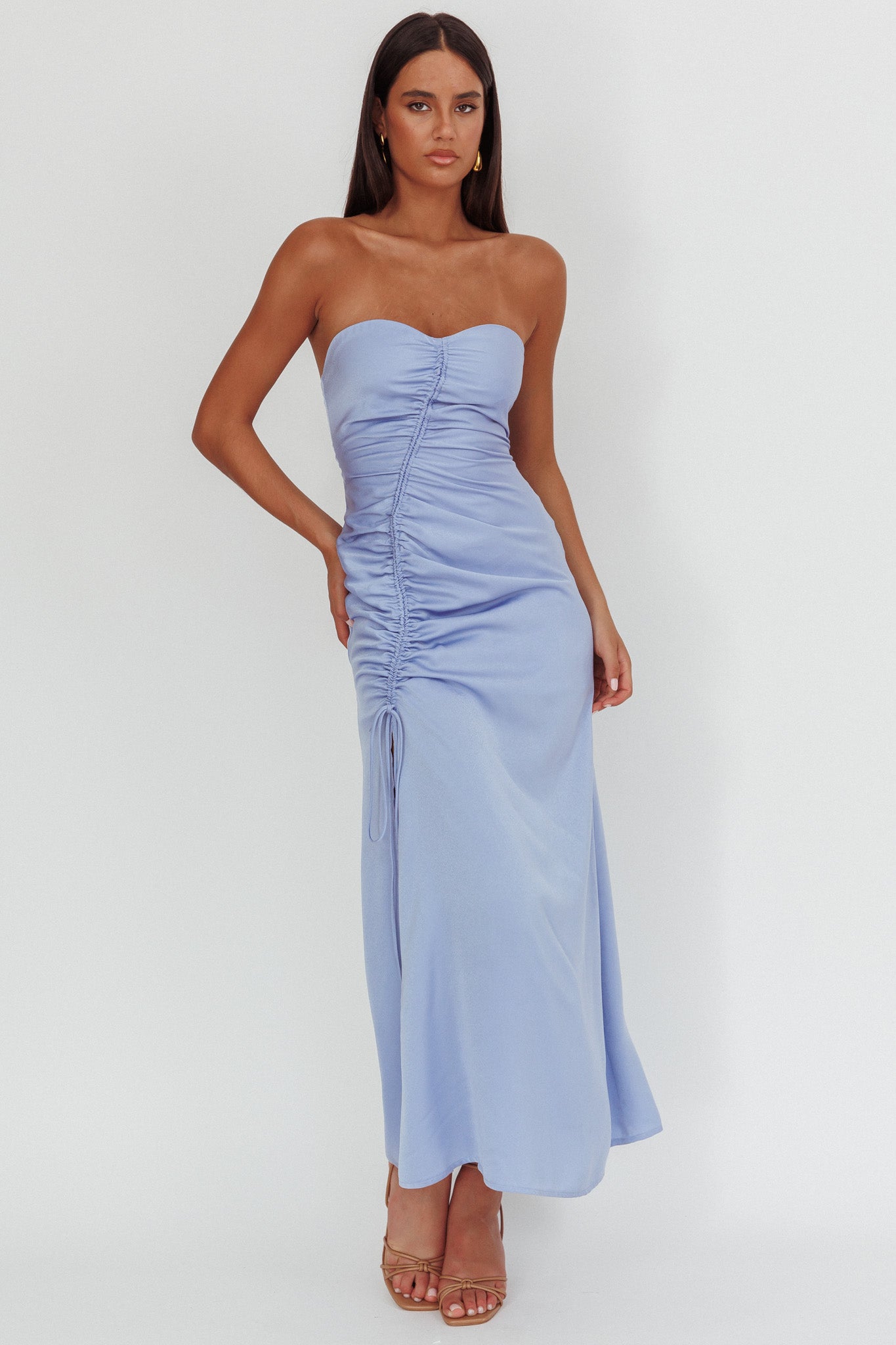 Molinda Strapless Ruched Drawstring Maxi Dress Blue