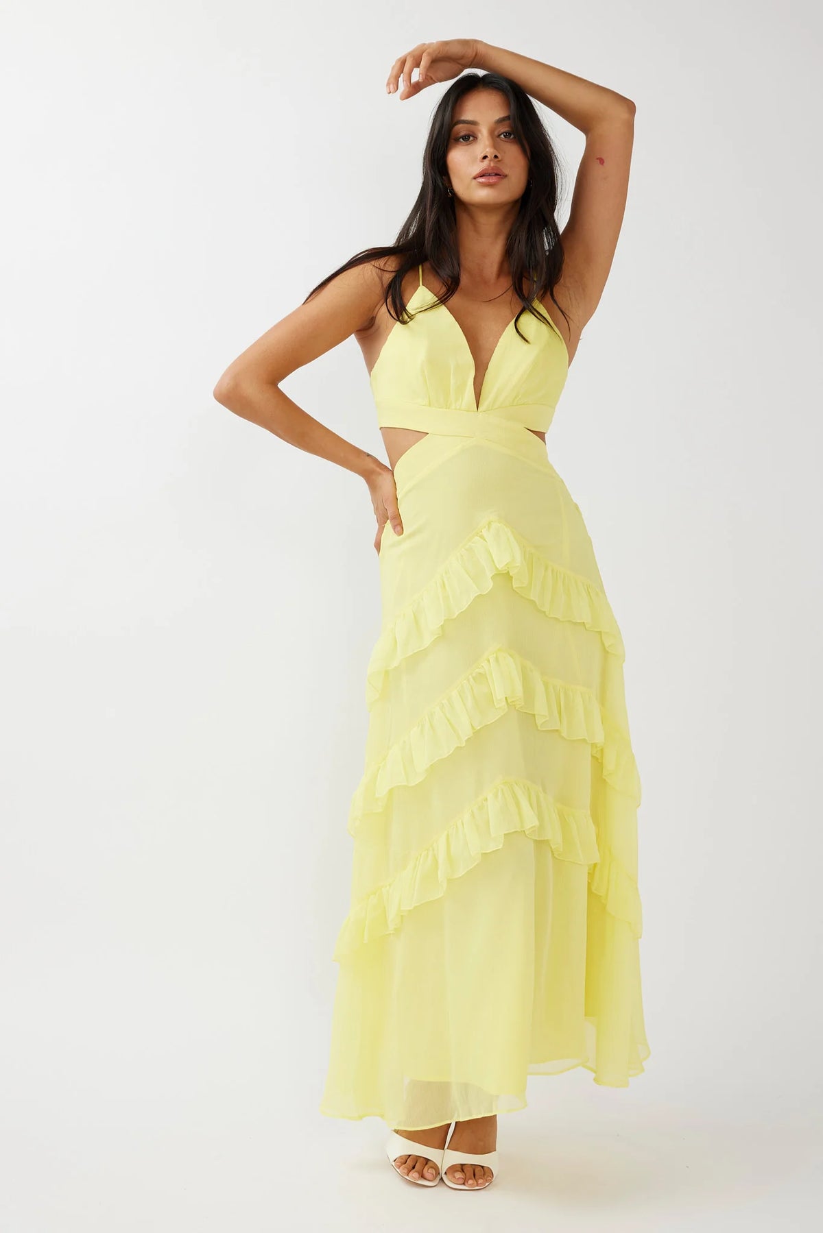 Joss Ruffle Trim Cut-Out Dress Yellow