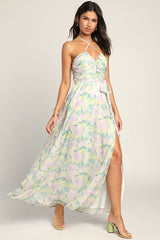 Effortlessly Abloom Green Multi Floral Ruched Halter Maxi Dress