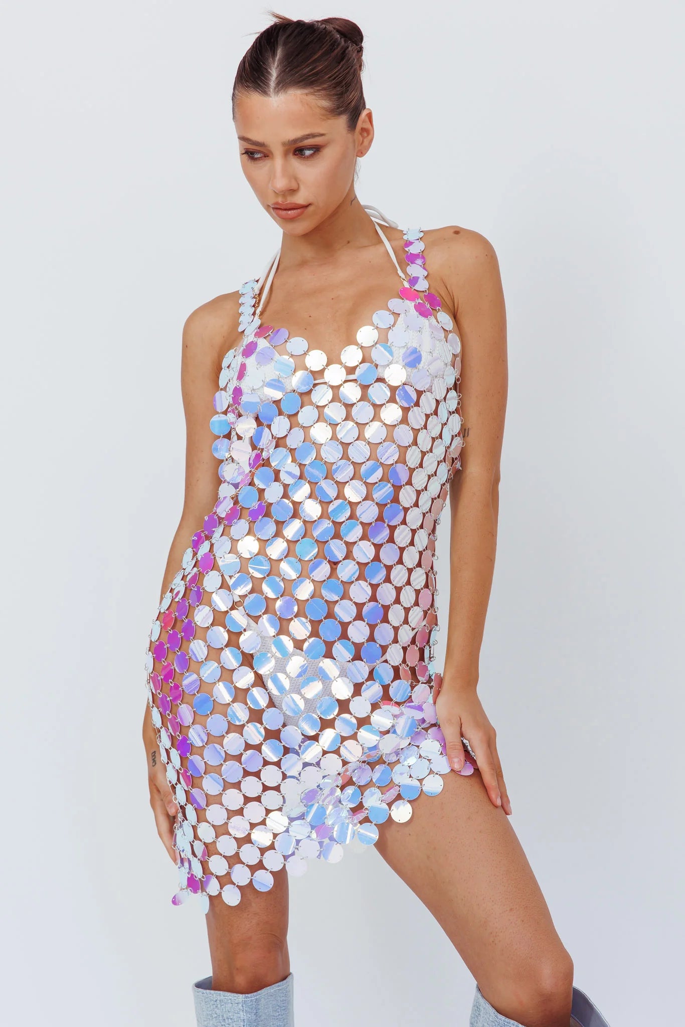 Sirenuse Acrylic Circle Mini Dress Iridescent Silver