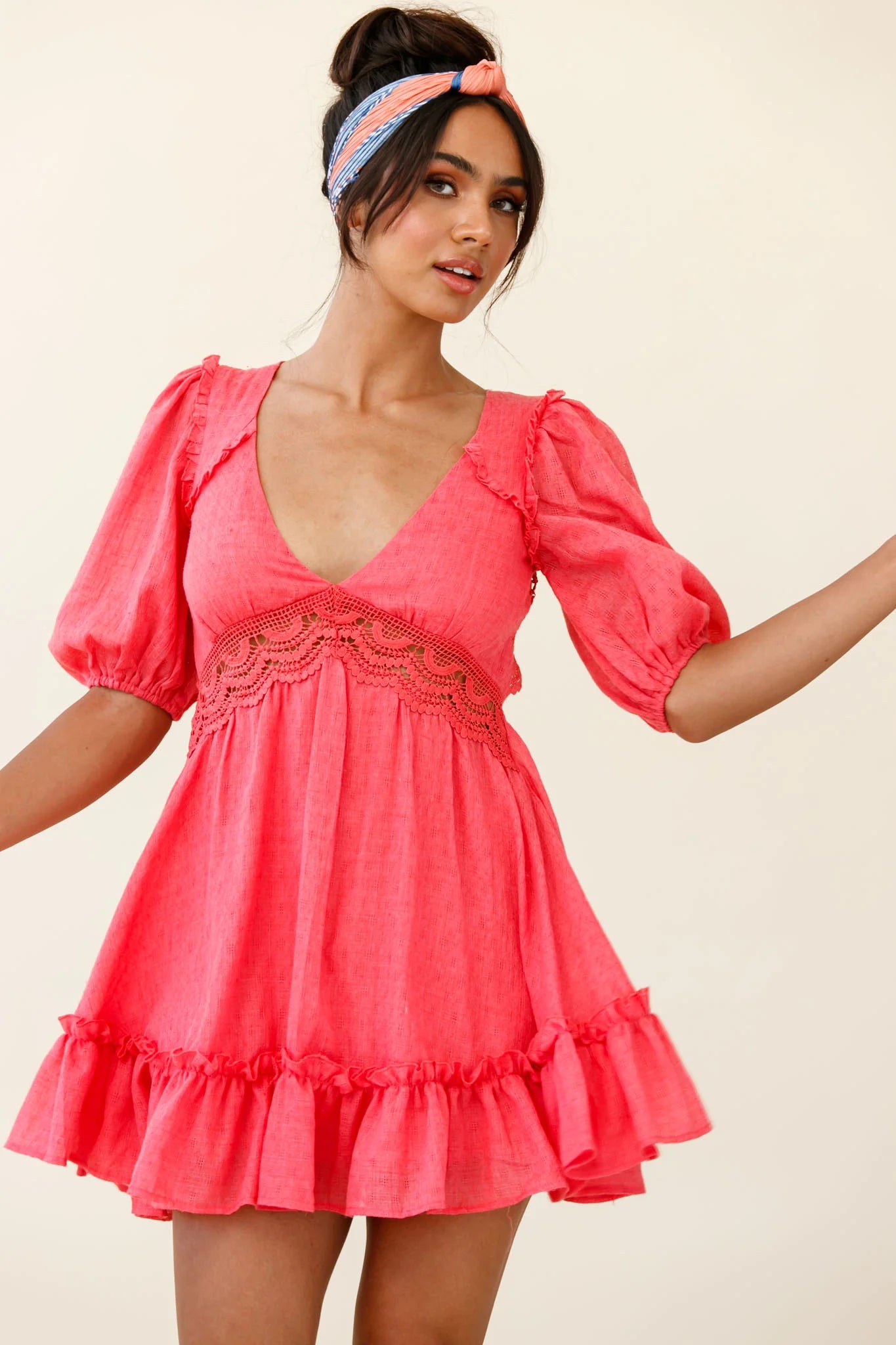 Everleigh Milkmaid Sleeve Exposed Back Dress Coral