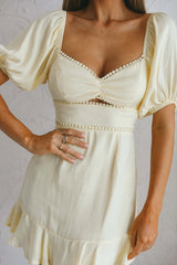 Catch Feelings Sweetheart Neckline Puff Sleeve Dot Trim Dress Yellow