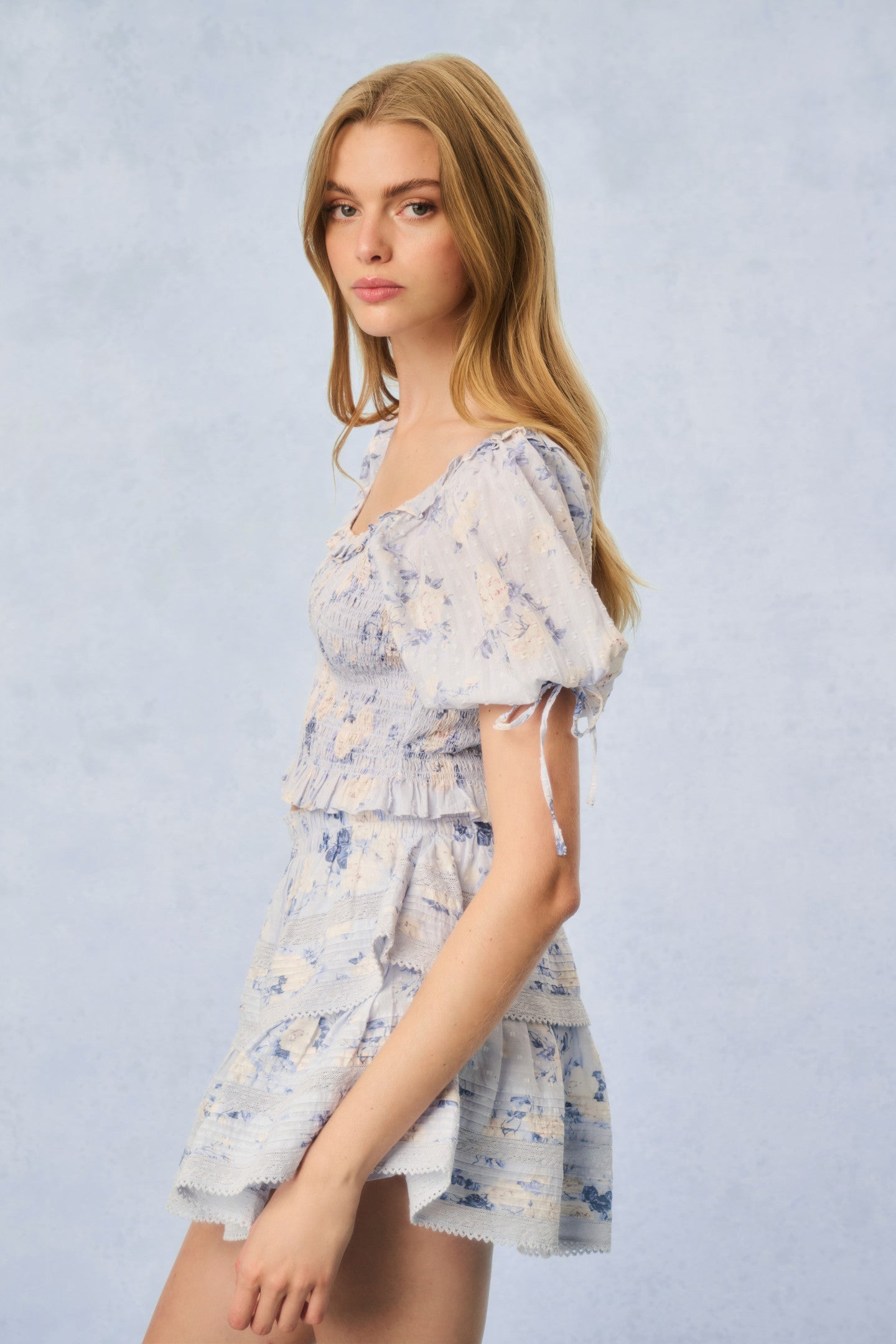 Ruffle Mini Signature Fragrance Print Skirt - WHISPER BLUE