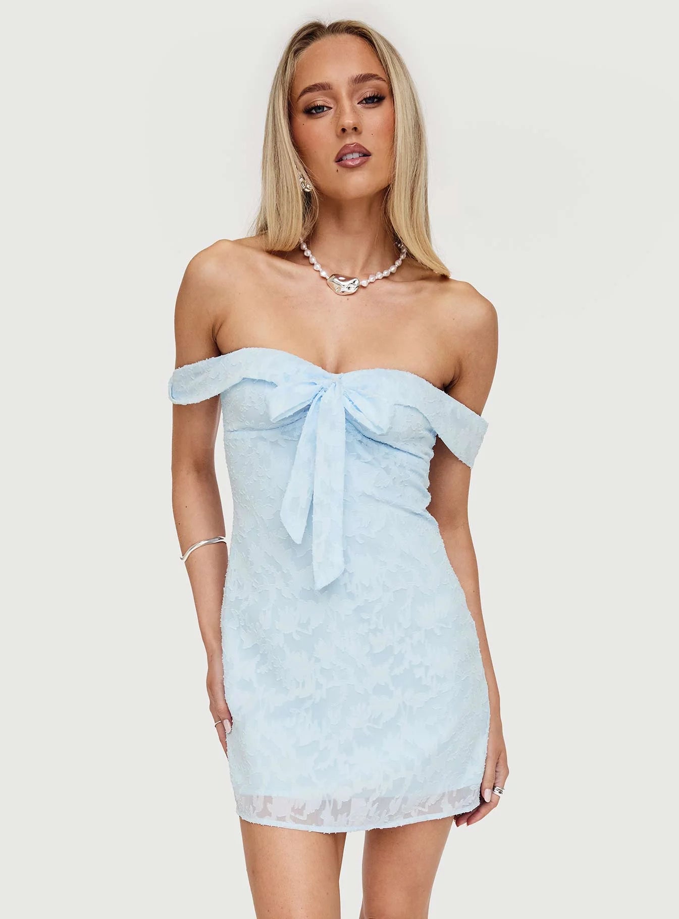 Christiana Off Shoulder Mini Dress Light Blue Burnout