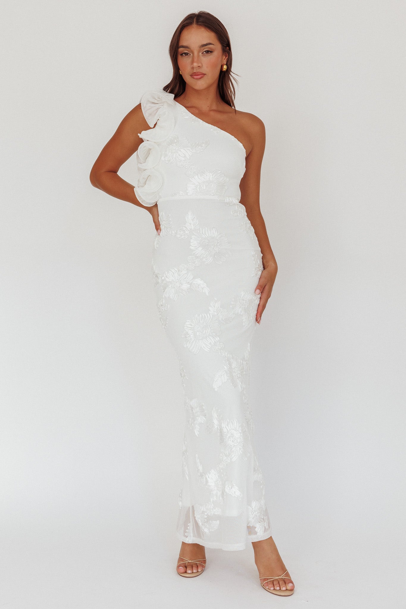 Deanna One-Shoulder Ruffle Maxi Dress Floral Texture White