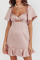 Eyes On You Pleated Bust Angel Sleeve Ruffle Hem Dress Blush