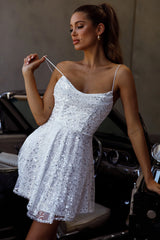 Marbella Sequin Embellished Scoop Neck Mini Dress White