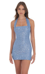 Sequin Halter Dress in Light Blue
