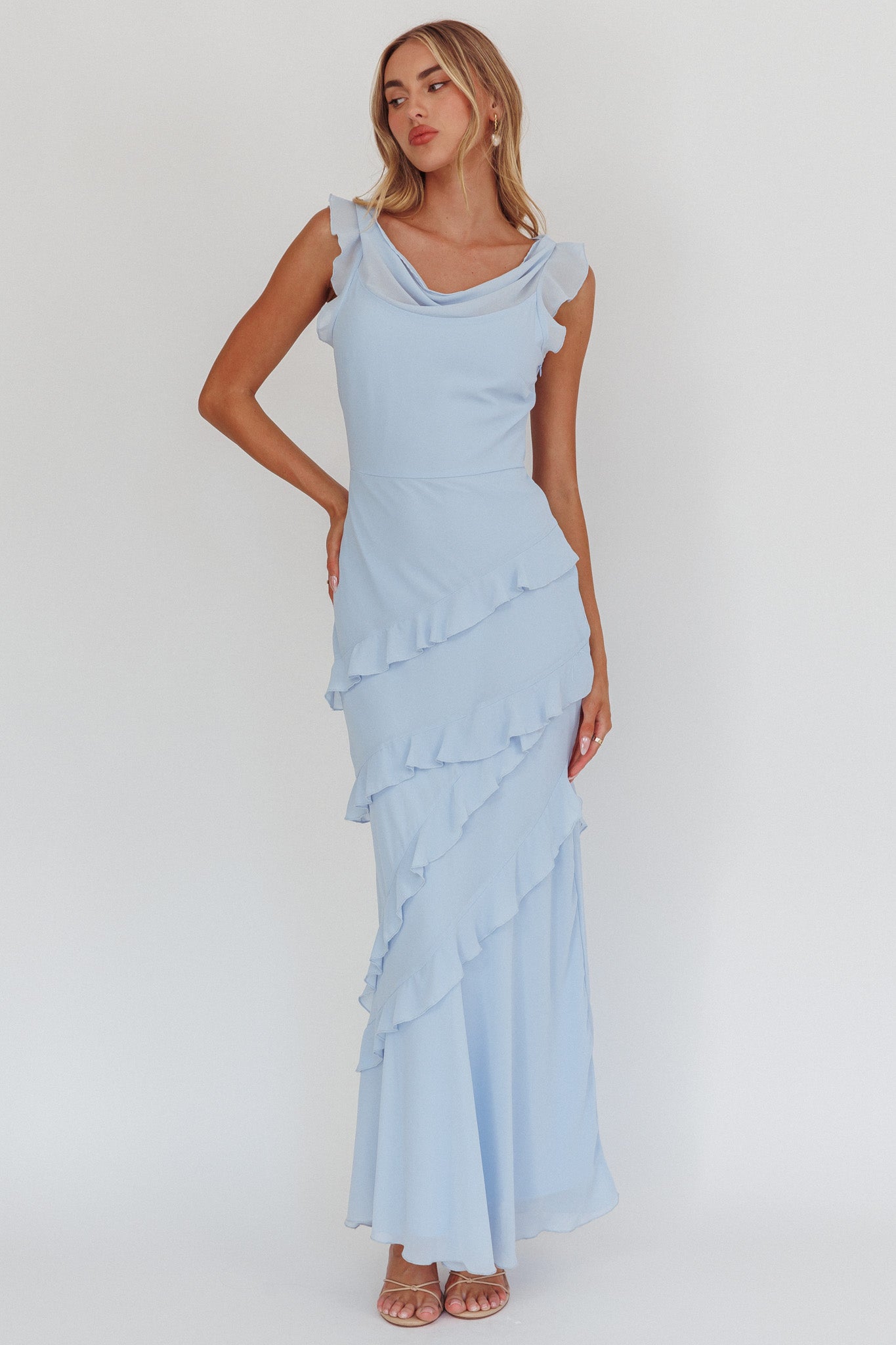 Sangria Cowl Neck Frill Maxi Dress Blue