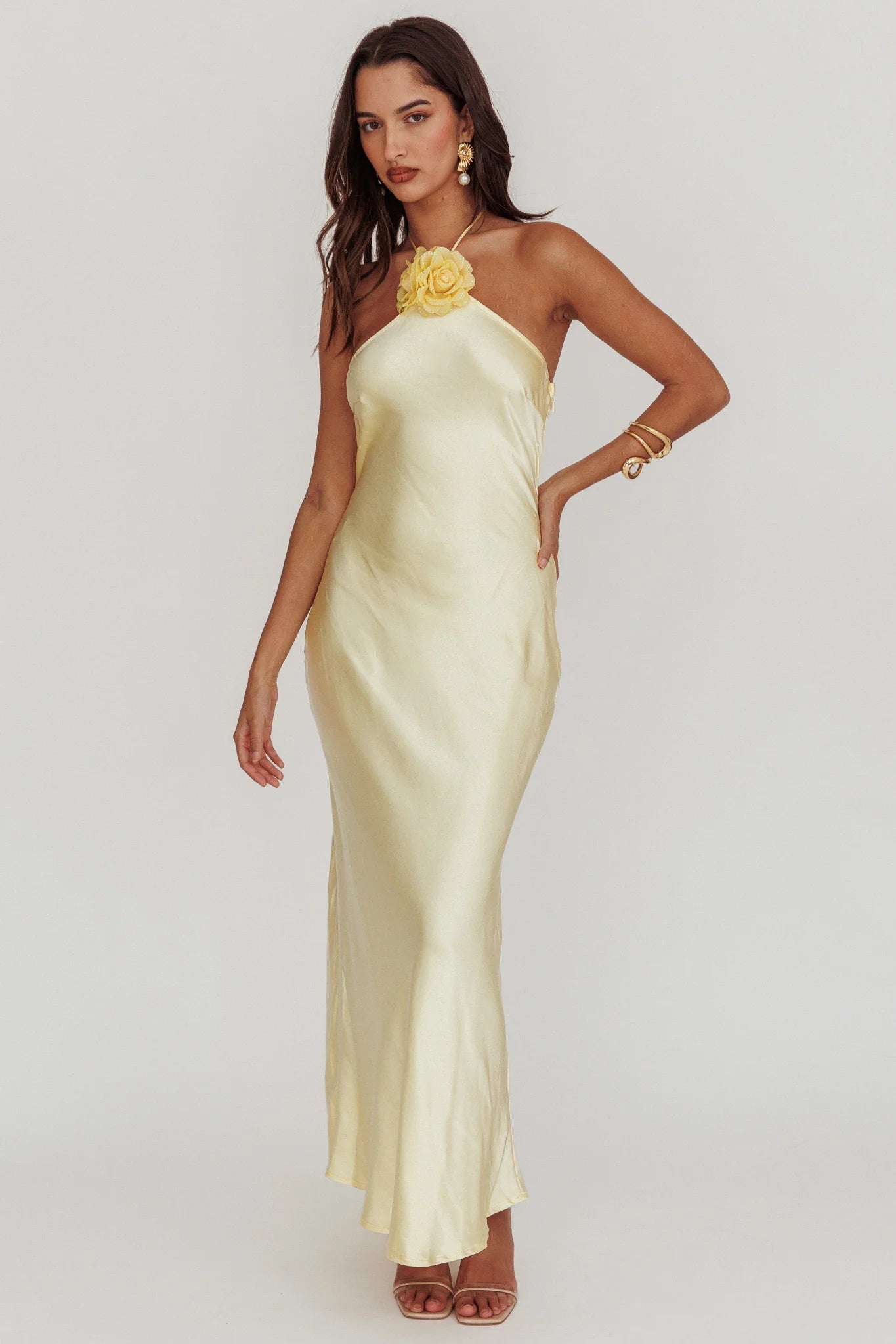 High Roller Flower Decoration Halter Dress Butter