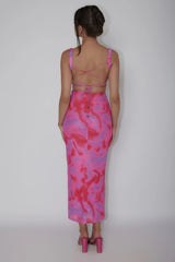 Dream Crush Lace-Up Back Side Split Maxi Dress Swirl Pink