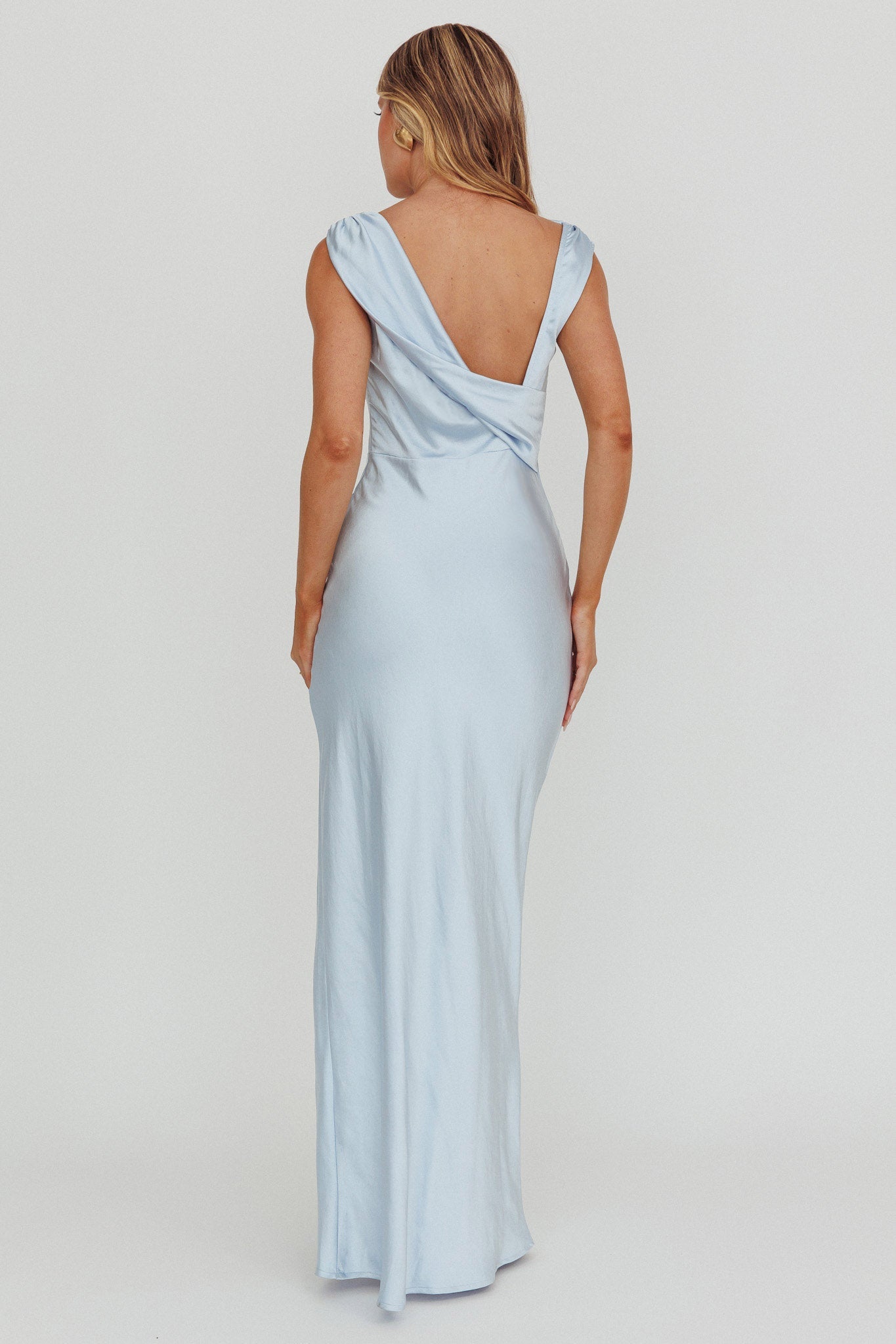 Jinora Cowl Neck Leg Slit Satin Maxi Dress Blue