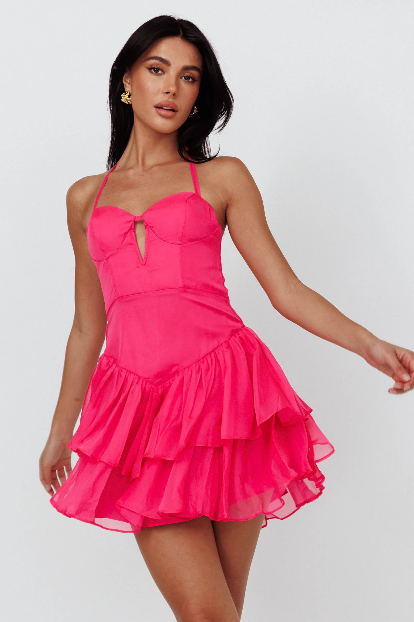 Tuscan Summer Flounce Mini Dress Hot Pink