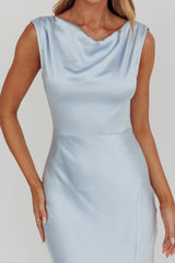 Jinora Cowl Neck Leg Slit Satin Maxi Dress Blue