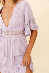 Kauai V-Neckline Crochet Lace Trim Dress Lilac