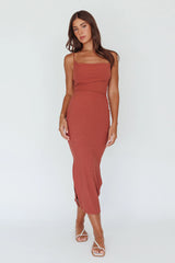 Frieda Cowl Neck Side Split Ribbed Midi Dress Rust