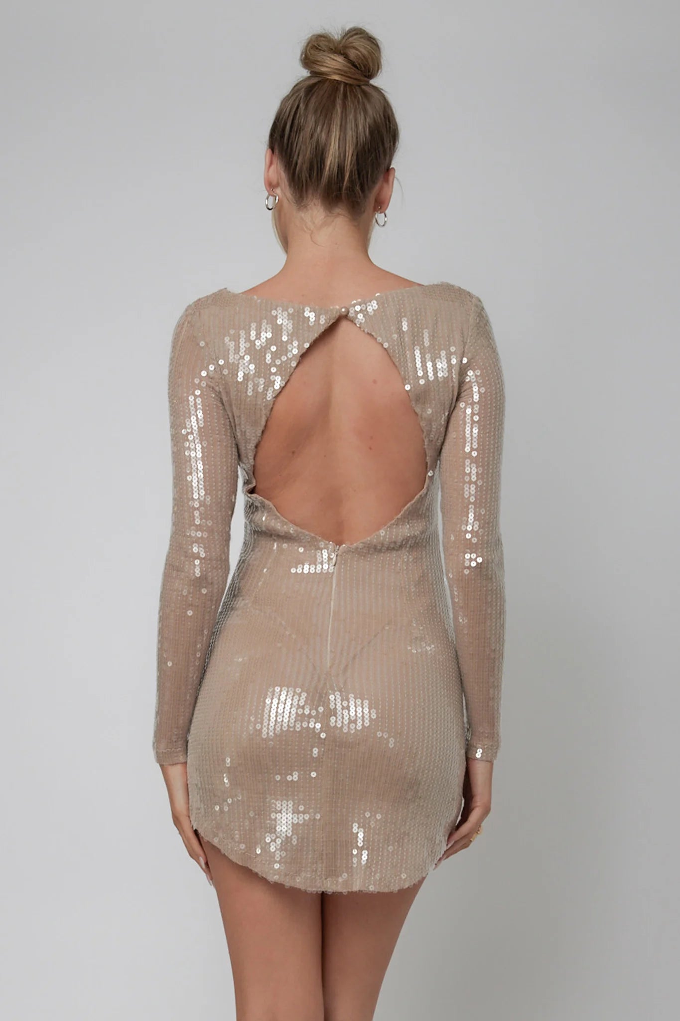 Karma Long Sleeve Keyhole Back Sequin Dress Nude