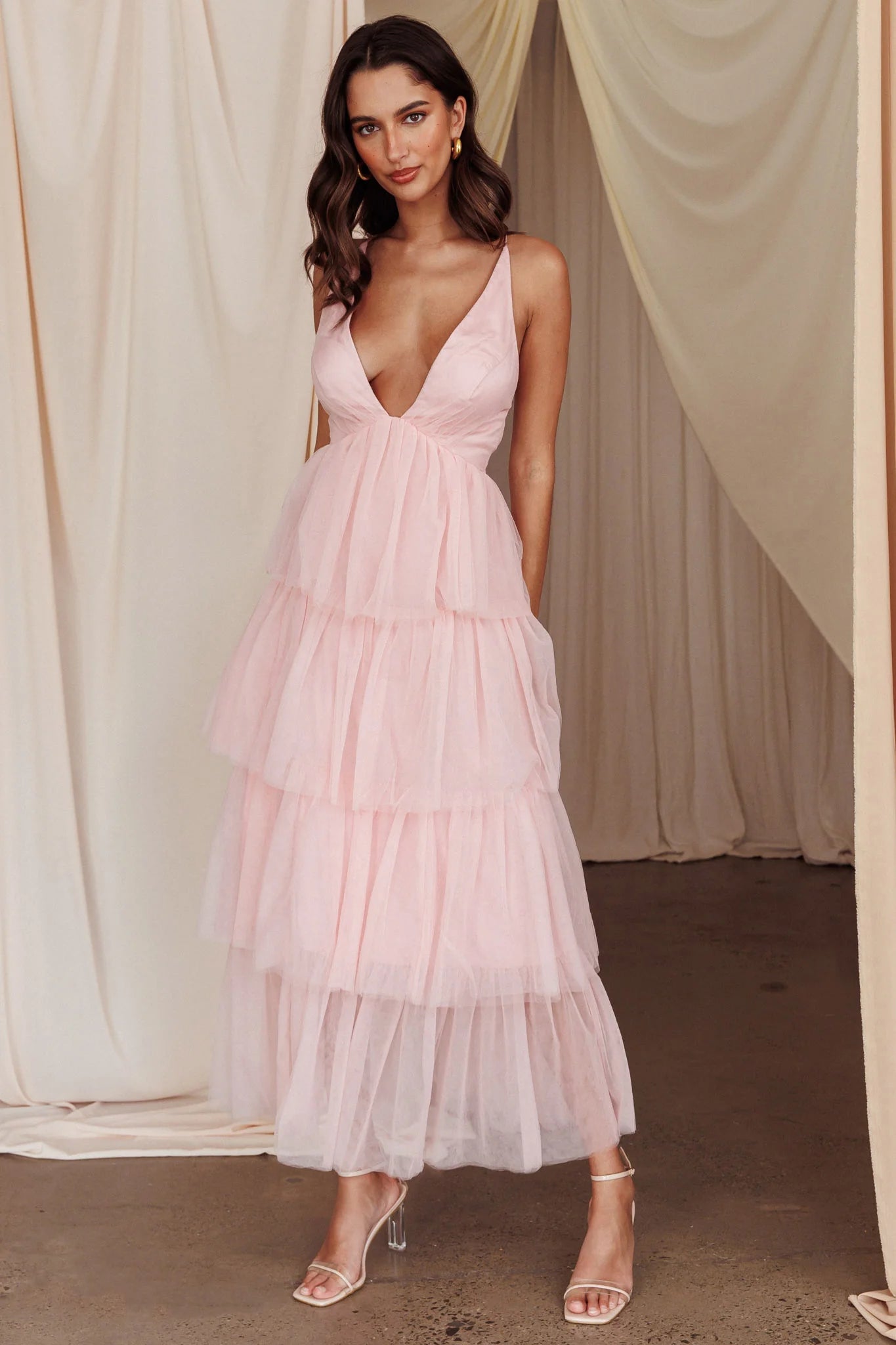 Auguste Tiered Frill Midi Dress Blush