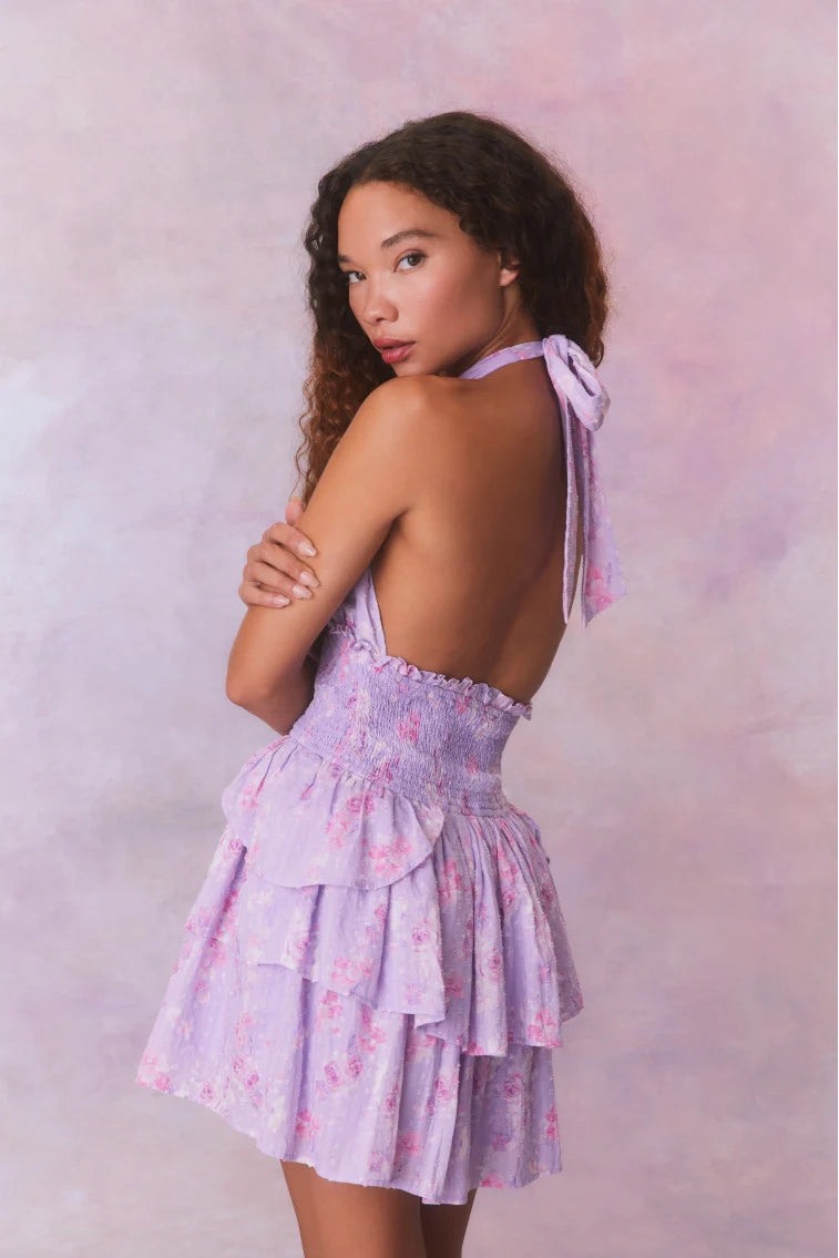 Deanna Fragrance Print Halter Mini Dress- HIBISCUS
