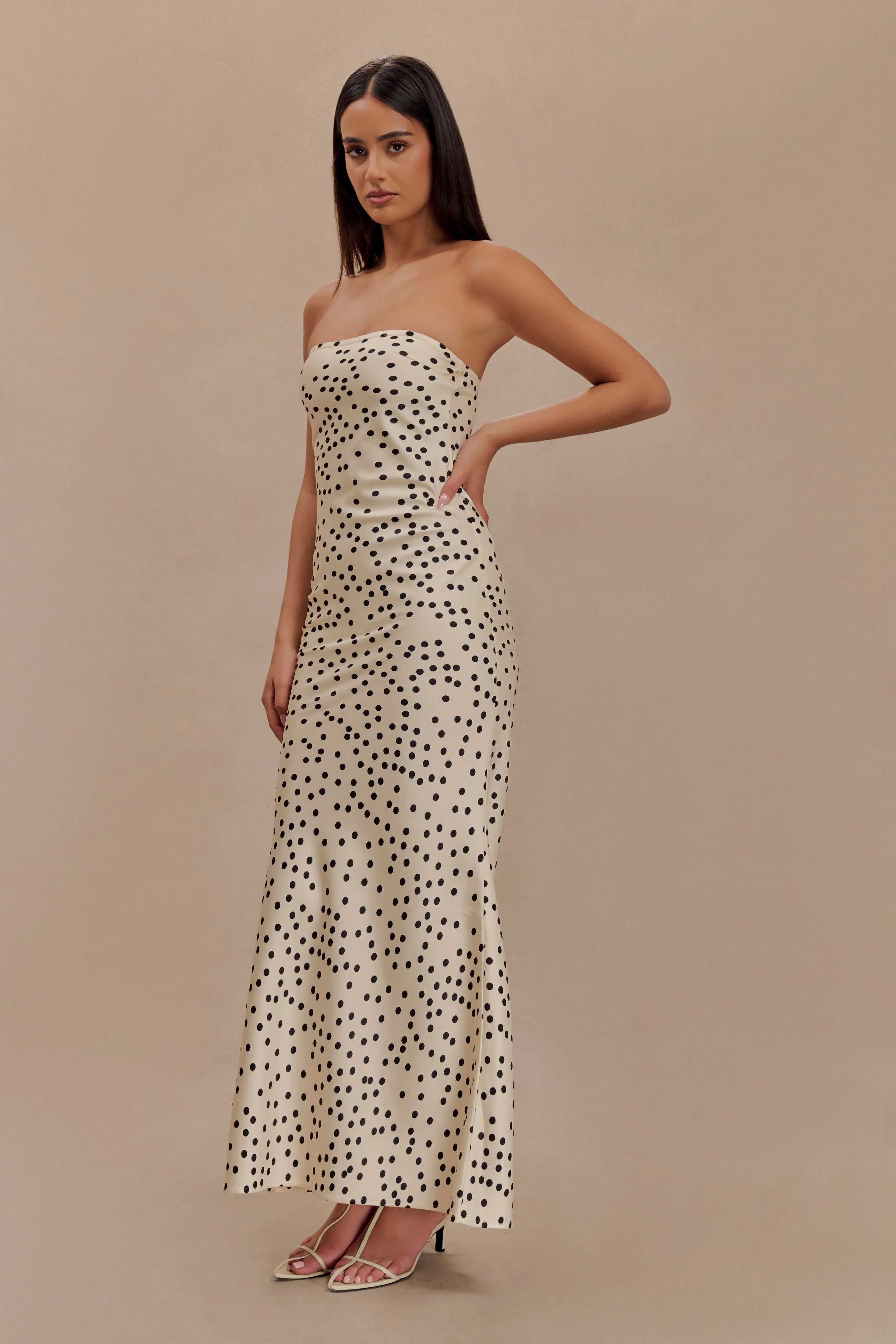 Claudette Strapless Satin Maxi Dress - Polka Dot Print