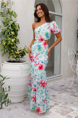 Where Wildflowers Bloom One Shoulder Maxi Dress Print