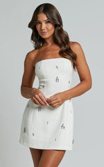 Anziel Mini Dress Strapless Structured Cluster Embellishment Dress in White
