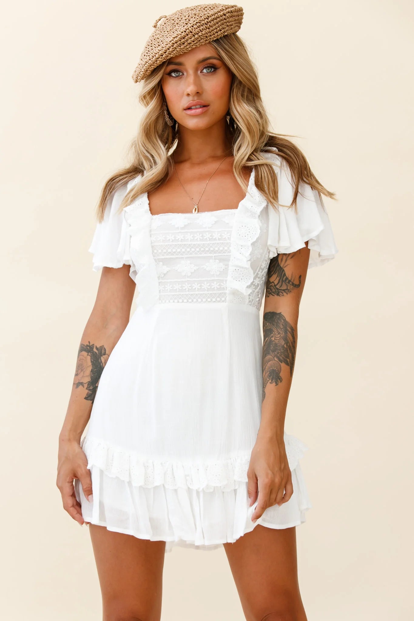 Say You Love Me Embroidery and Frill Detail Dress White